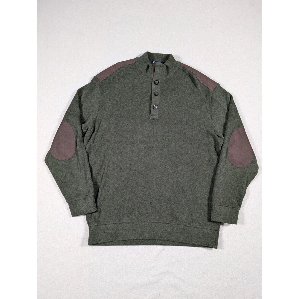 Cremieux Collection Sweater Mens L Green Henley Suede Shoulder Elbow Patch